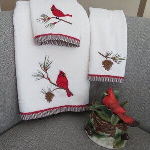 Set of 3 White w/ Embroidery Christmas Themed Towels "Cardinal " Candle Holder